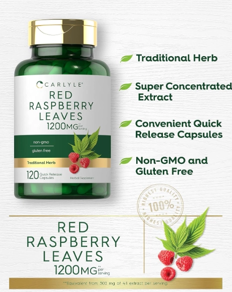Red Raspberry Leaves, Folhas de Framboesa Vermelha 1200mg, 120 Cápsulas, Carlyle
