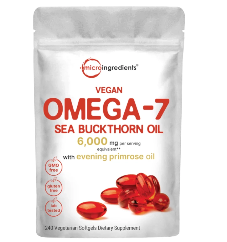 Omega-7 Sea Buckthorn Oil 6,000mg, Óleo de Espinheiro-Mar Vegano, 240 Cápsulas, Micro Ingredients