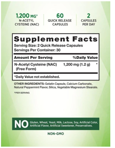 NAC, N-acetilcisteína  1.200mg, 60 cápsulas, Nature's Truth