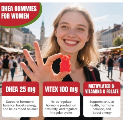 DHEA 25mg, Com B6, B12, Ácido Fólico e Agnocasto, 60 Gomas Sabor Framboesa, HFELIZ