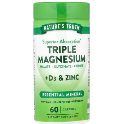 Triplo Magnésio + Vitamina D3 e Zinco, 60 Cápsulas, Nature's Truth