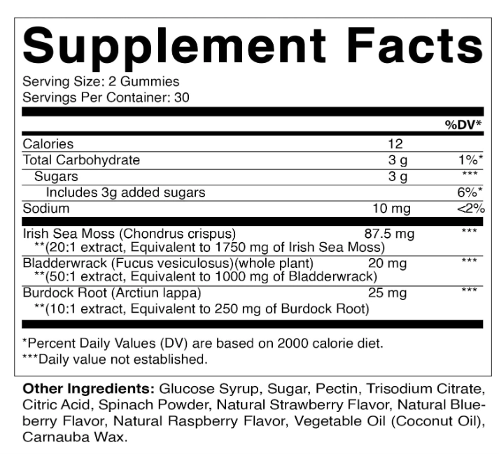 Irish Sea Moss 3000mg, Para Tireoide, Energia e Imunidade, 60 Gomas Sabor Framboesa, Vitamatic