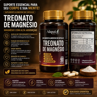 Magnésio Treonato, Suporte à Função Cognitiva, Clareza Mental e Saúde Neural, 90 Cápsulas, Alquimia