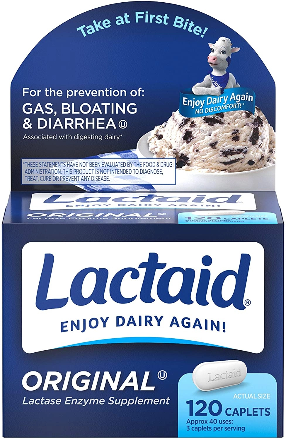 Suplemento Lactaid Original, 120 capsulas mastigáveis.