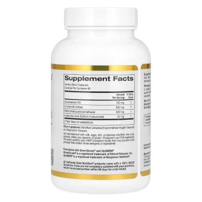 Glucosamina, Condroitina, MSM e Ácido Hialurônico, Suporte à Cartilagem e Líquido Sinovial, 120 Cápsulas, California Gold Nutrition 