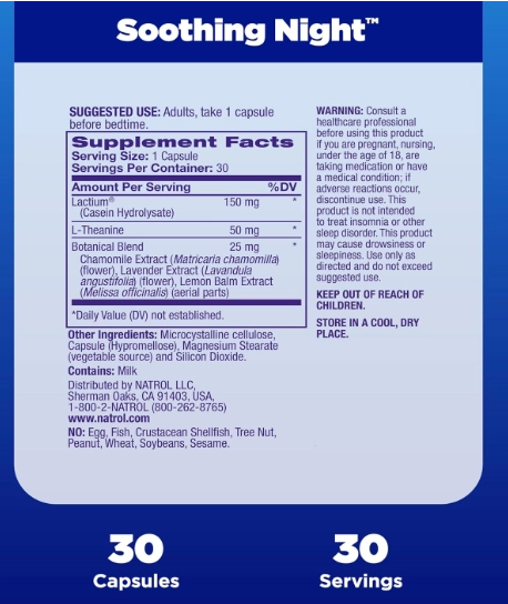 Relaxing Nighttime Sleep Aid, Com Lactactium L-Theanine, Camomila, lavanda e Erva-cidreira, 30 Cápsulas, Natrol