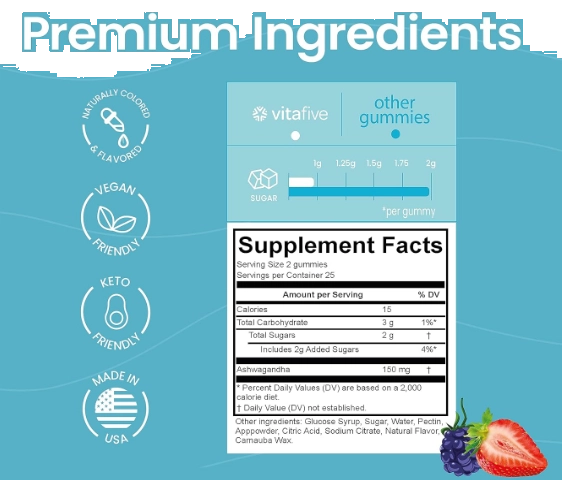 Ashwagandha com Vitamina B12, 50 Gomas Sabor Frutas, Vitafive