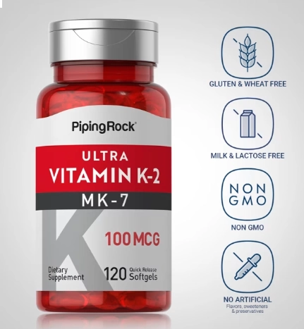 Ultra Vitamina K-2 com MK-7 100mcg, 120 Cápsulas, PipingRock