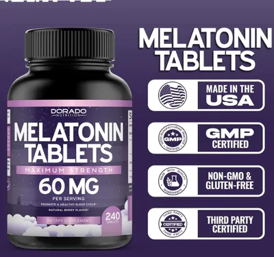 Melatonina 60mg, Maxumum Strength, 240 Tablets Sabor Misto, Dorádo