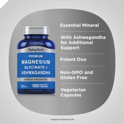Glicinato de Magnésio + Ashwagandha, 1500mg, 150 Cápsulas, PipingRock 