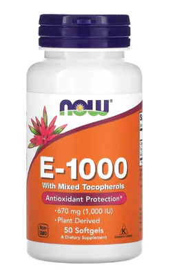 Vitamina E-1000 com tocoferóis, 1000UI, 50 cápsulas, Now