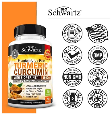 Turmeric Curcuma com BioPerine, 1500mg, 90 Cápsulas, BioSchwartz