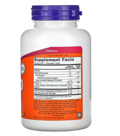 Vitamina C-500, 100 Comprimidos Mastigável Sabor Cereja, Now