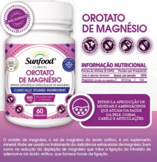 Orotato de Magnésio, 400mg, 60 Cápsulas, Sunfood