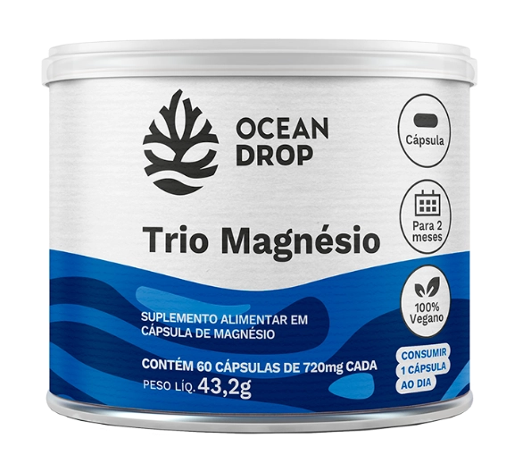 Trio Magnésio, Dimalato, Óxido de magnésio e Bisglicinato, 60 Cápsulas, Ocean Drop