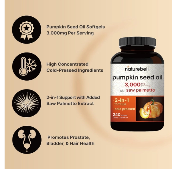 Pumpkin seed Oil, Óleo de Semente de Abóbora 3000mg, 240 capsulas, Naturebell