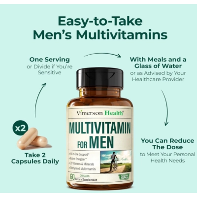 Multivitamin for Men, Multivitamínico para Homens com B12, A, D, C, Zinco, Magnésio e Mais, 60 Cápsulas, Vimerson Health