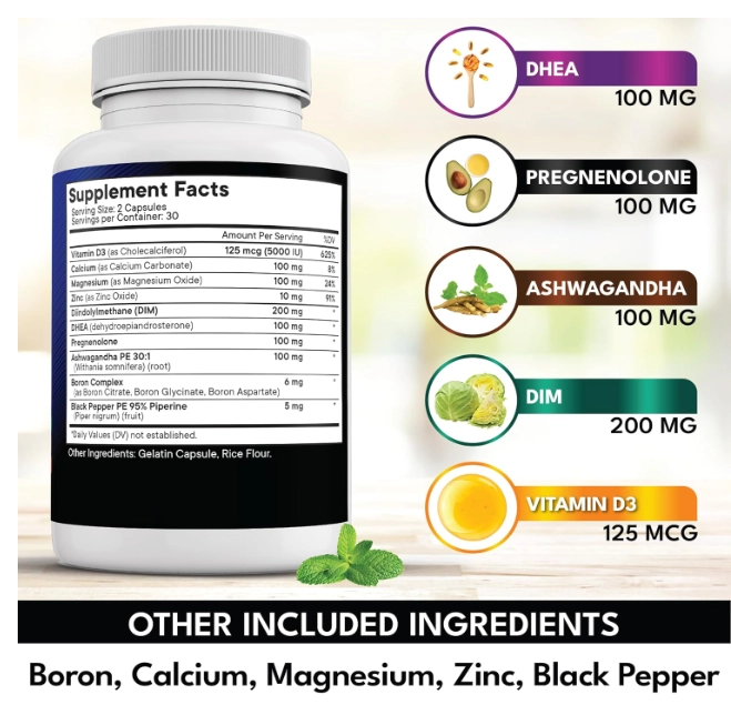 DHEA 100mg com Pregnenolona, DIM, Ashwagandha, Boro, Cálcio, Magnésio e Zinco, 60 Cápsulas, New Age