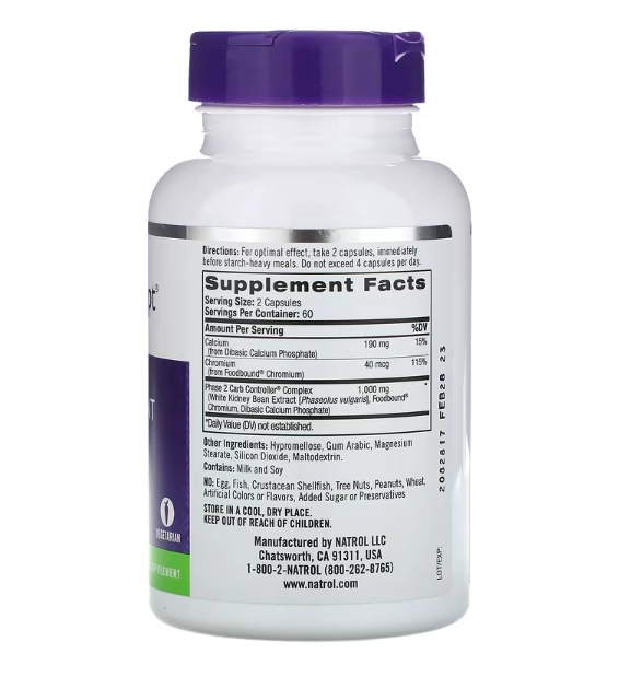 Carb Intercept com Controlador de Carbs Fase 2, 1.000mg, 120 Cápsulas, Natrol