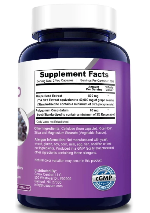 Grape Seed 40,000mg e Resveratrol, 200 Cápsulas, NusaPure