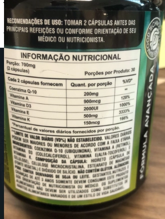 Coenzima CoQ10 700mg com Vitaminas A,D,E e K 700mg, 60 Cápsulas, Sunfood