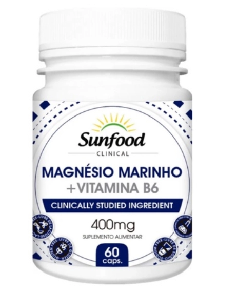 Magnésio Marinho + Vitamina B6, 400mg, 60 Capsulas, Sunfood 
