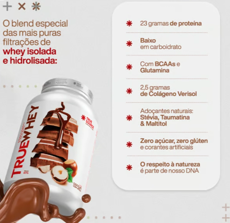 True Whey, Hidrolisado e Isolado, 837g, Sabor Chocolate com Avelã, True Source