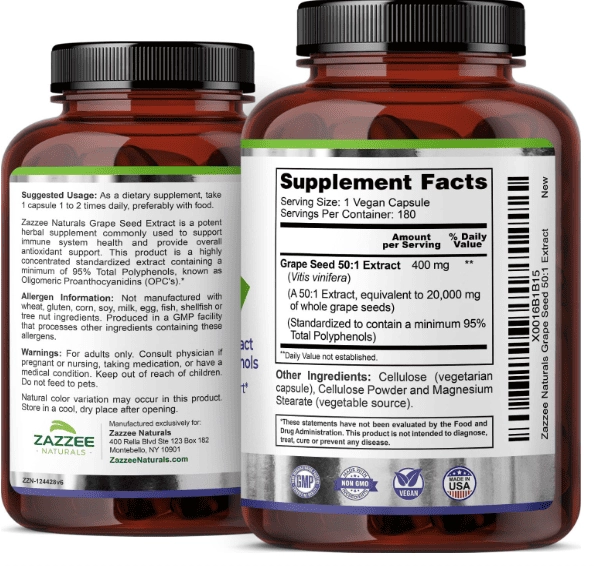 Grape Seed Extract, Semente de Uva 20.000mg, 180 Cápsulas,  Zazzee