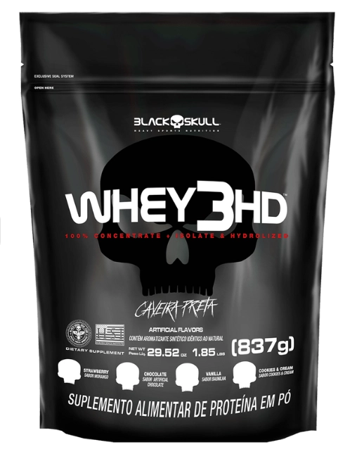 Whey 3HD, 837g, Sabor Morango, Black Skull