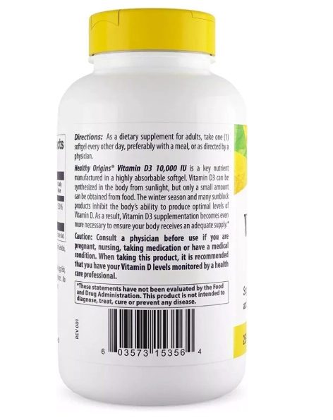 Vitamina D3 10000UI, 360 Softgels, Healthy Origins