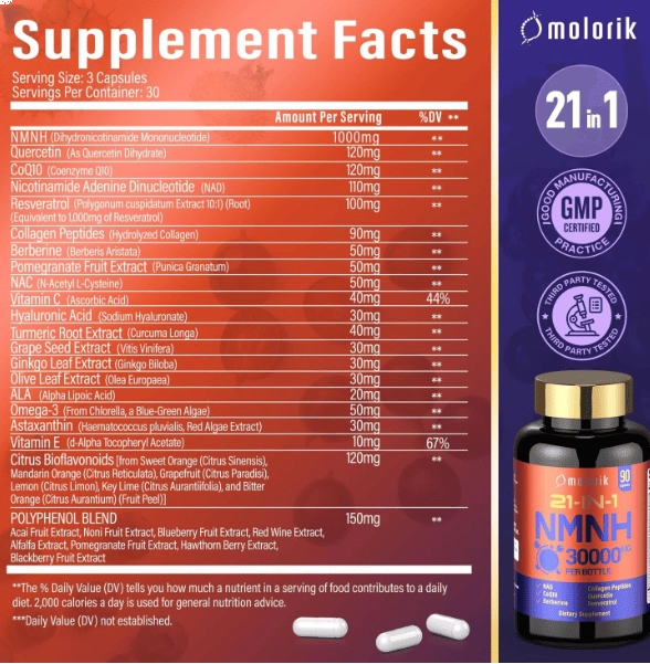 NMNH Diidronicotinamida Mononucleotídeo 3000mg, Formula 21-I-N1,  90 Cápsulas, Molorik 