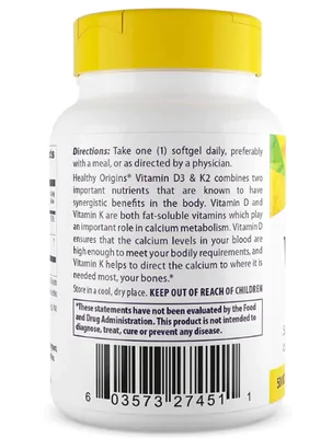 Vitamina D3 50mcg e K2 200mcg, 60 Cápsulas, Healthy Origins