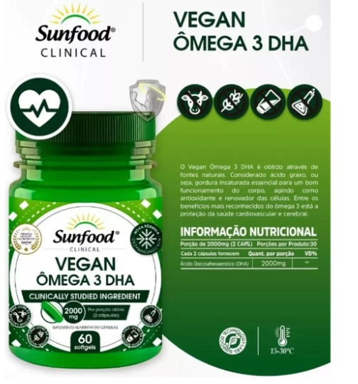Vegan Omega 3, DHA de Algas Marinhas, 60 Capsulas, Sunfood 