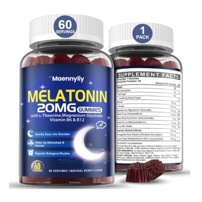 Melatonina 20mg Extra Forte,  com L-Teanina, Magnésio, Ashwagandha e Cúrcuma, 60 Gomas, Maennyliy