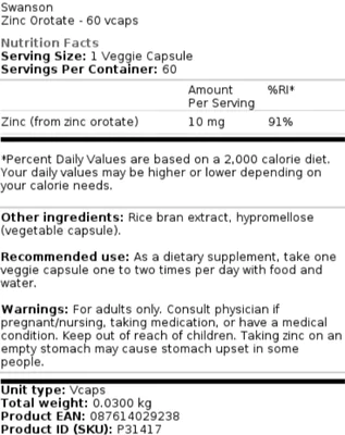 Zinco Orotate, 60 Cápsulas, Swanson