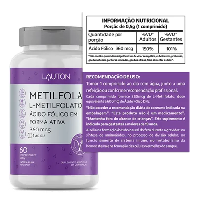 Metilfolax, Metilfolato de Cálcio, 360mcg,  60 Comprimidos, Lauton Nutrition
