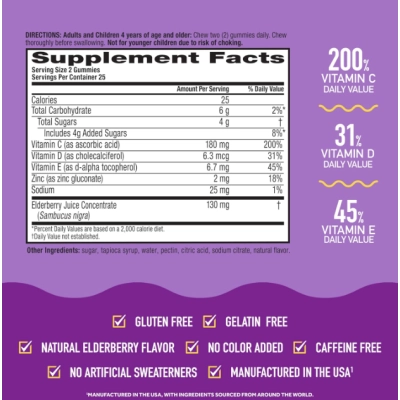 Elderberry com Vitaminas C e Zinco, 50 Gomas Sabugueiro, Airborne 