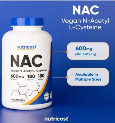 NAC, N-acetil L-cisteína, 600mg, 180 Cápsulas, Nutricost