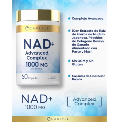 NAD+ 1000mg Complex com Peptídeos de Colágeno, 60 Cápsulas, Carlyle