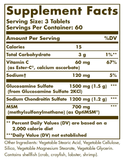 Glucosamina e Condroitina com MSM, Extra Forte com Ester-C, 180 Tablets, Solgar