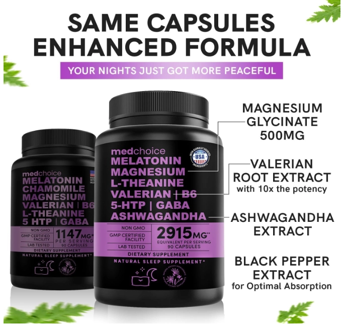 Melatonina 5mg, com Magnésio, Ashwagandha, L-teanina, Valeriana e 5-HTP, 90 Cápsulas, MedChoice