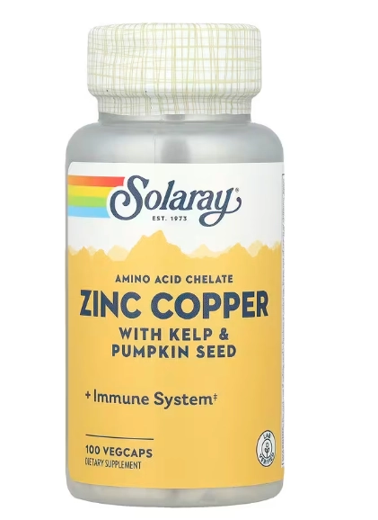 Zinco e Cobre com Alga Marinha e Semente de Abóbora, 100 VegCaps, Solaray
