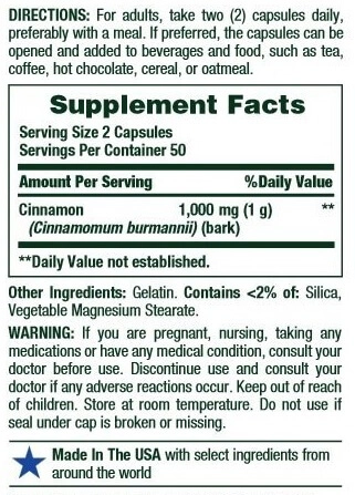 Cinnamon (canela), 1000mg,, 100 Cápsulas, Nature's Bounty