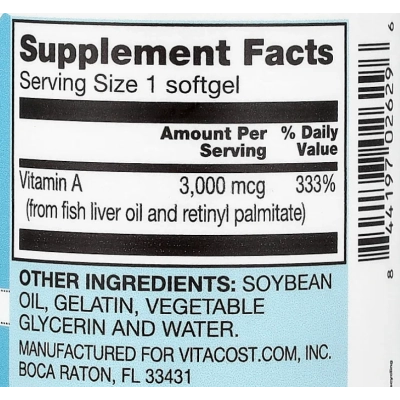 Vitamina A 3000mcg / 10.000UI, 100 Cápsulas, Vitacost