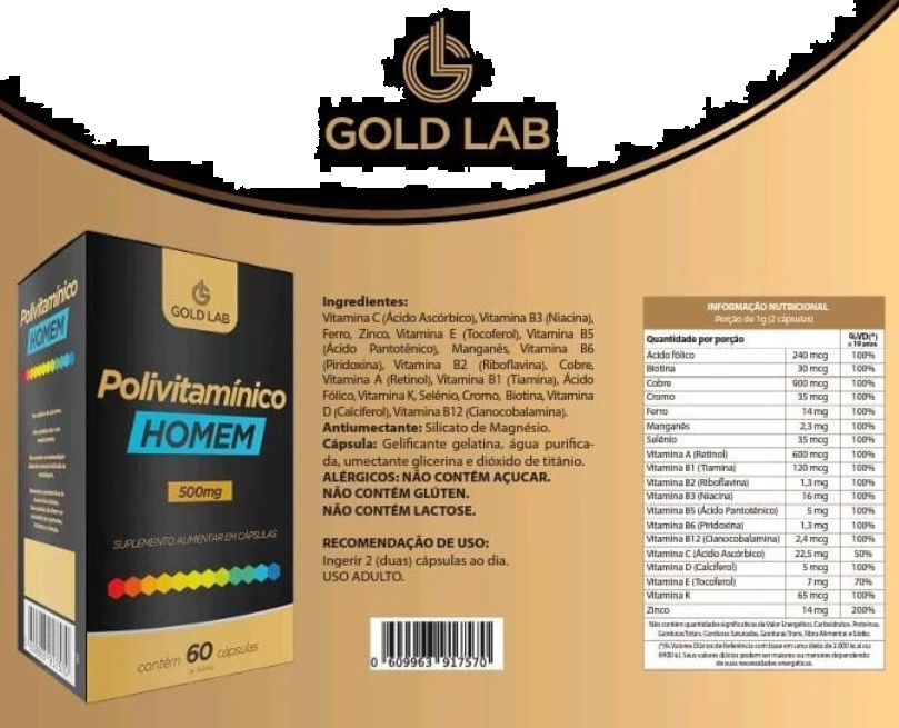 Polivitamínico AZ 500mg para Homens, 60 Cápsulas, Gold Lab