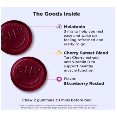 Melatonina 3mg, Para Suporte Muscular para Sono e Dor, 40 Gomas Sabor Frutas Vermelhas, OLLY