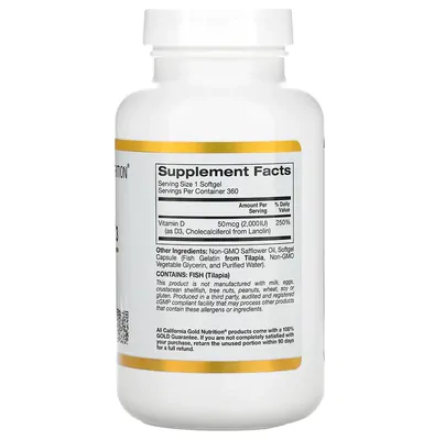 Vitamina D3 50mcg, (2000IU) 90 Cápsulas, California Gold