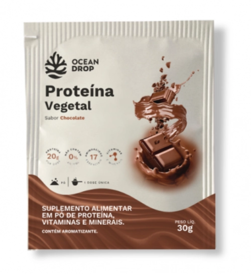 Proteína Vegetal, Caixa com 15 Saches, 30g cada, Sabor Chocolate, Ocean Drop