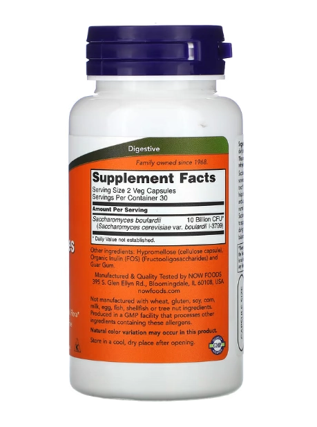 Probiótico Saccharomyces Boulardii, 5 bilhões de UFC, 60 cápsulas, Now