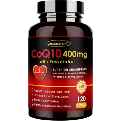 CoQ10 400mg + PQQ, Trans-Resveratrol e Vitamina E, 120 Cápsulas, ZEBORA